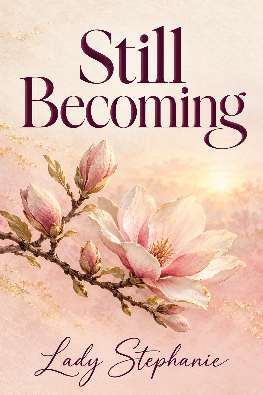 Still Becoming by Lady Stephanie book cover with blush magnolia blossoms